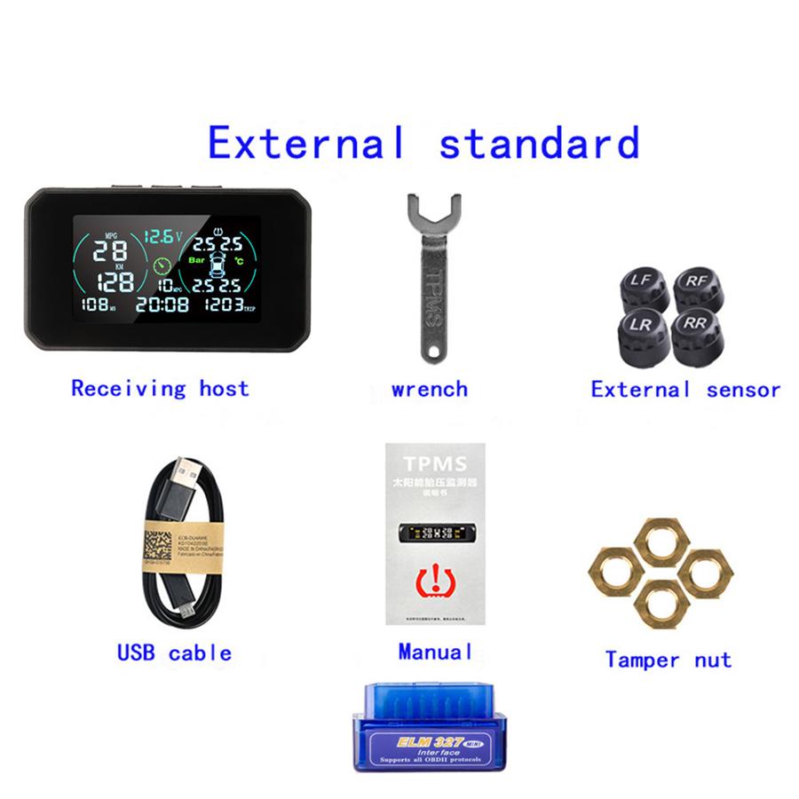 Wireless Car TPMS HUD Solar USB Charging Tire Pressure Monitoring System+Clock