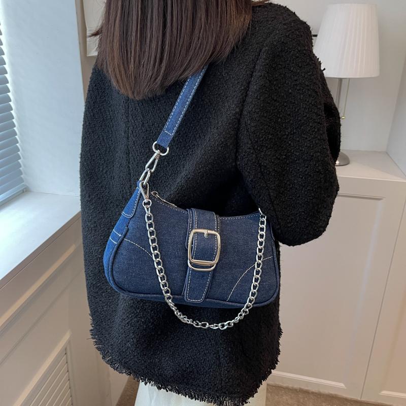 Джинсовая сумка через плечо Модная цепочка Сумка-багет под мышкой Женская сумка с пряжкой KTY