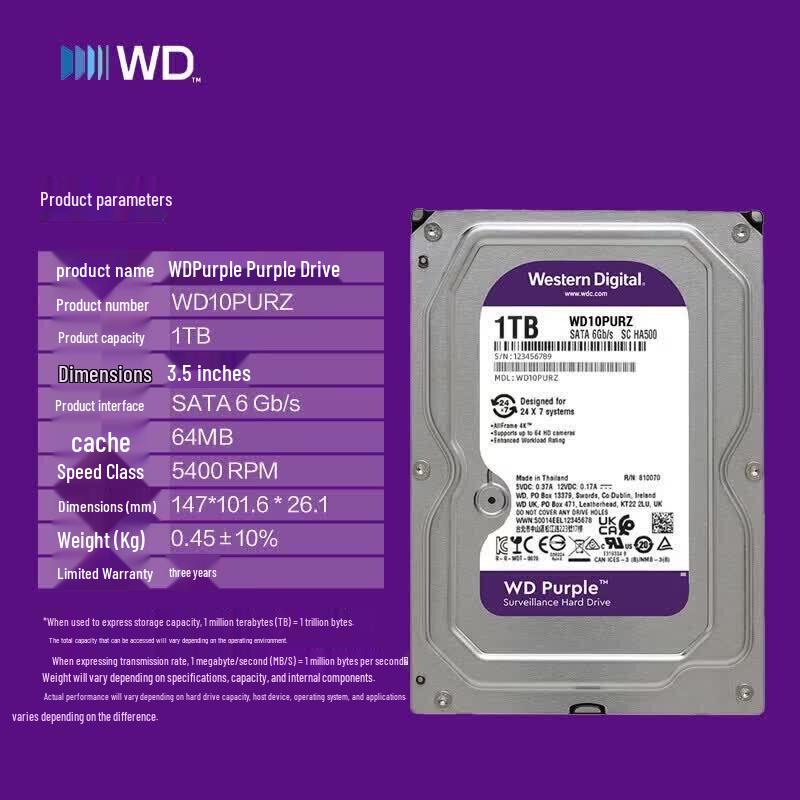 Western Digital WD Purple 1 ТБ Жесткий диск для видеонаблюдения