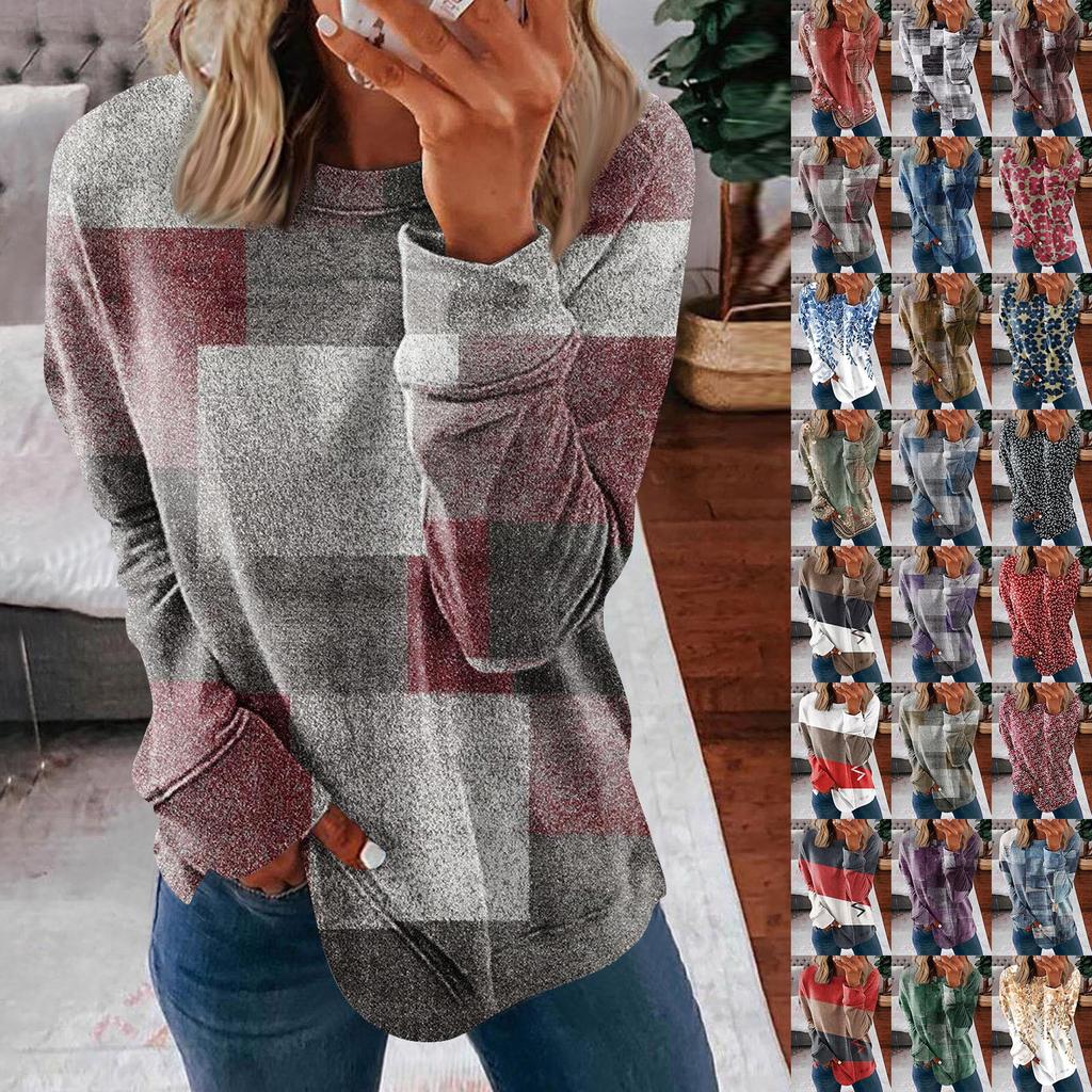 Женские топы с круглым вырезом, хлопковая женская повседневная модная блузка с длинным рукавом и круглым вырезом с цветочным принтом, пуловер