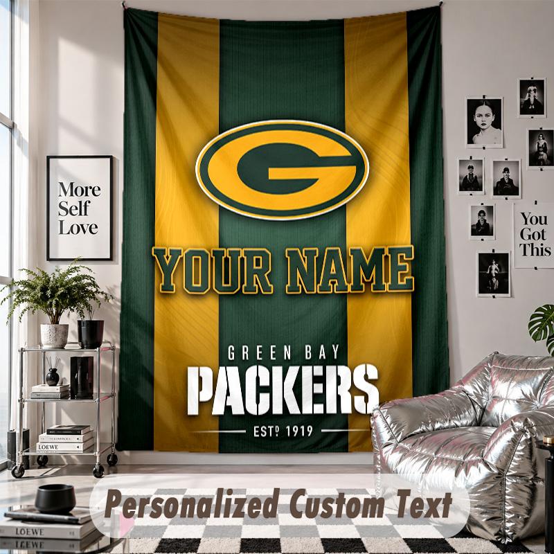 Wall Hanging Tapestry With Custom Name & Text, Green Bay Packers Decorative Tapestry For Bedroom