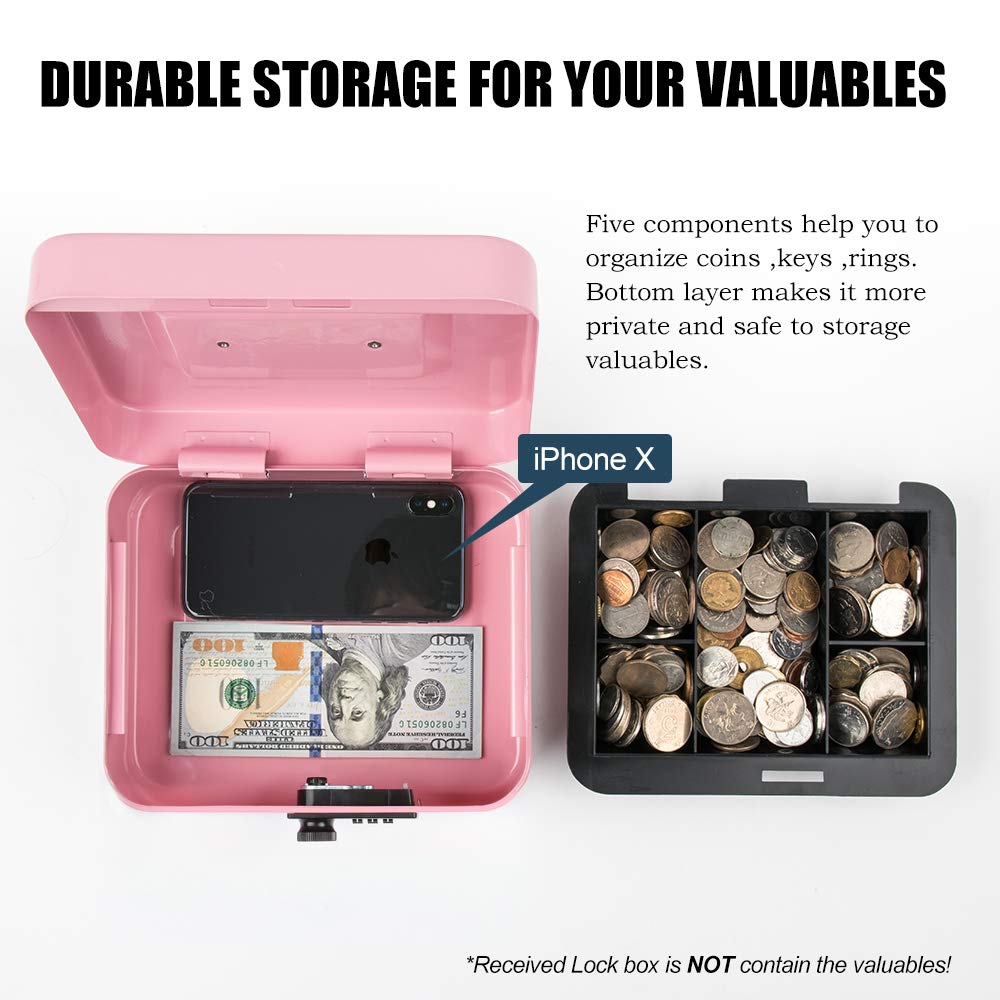 Indian Factory Metal Cash Box with Combination Lock, Money and Coin Organizer for Shop, Office and Home, Pink, 9D x 16W x 20H Centimeters