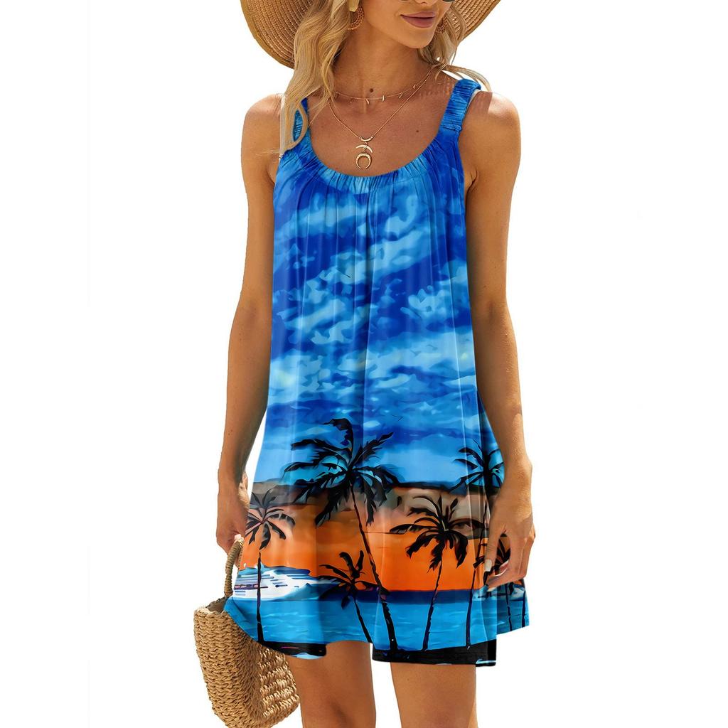 Women's Fashion Summer Beach Casual Print Sleeveless Cute Sling Dress