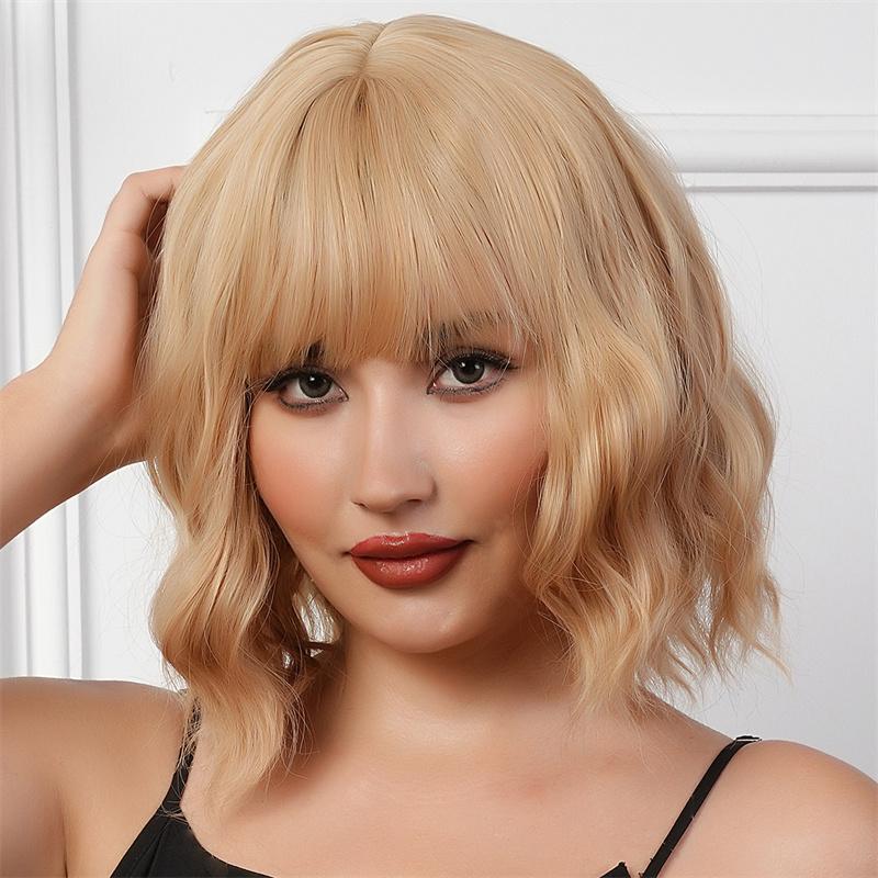 Synthetic Hair Yellow Blonde Wigs for Women Short Wavy Curly Wig with Bangs Water Wave Wig Daily Girls Cosplay Halloween Party