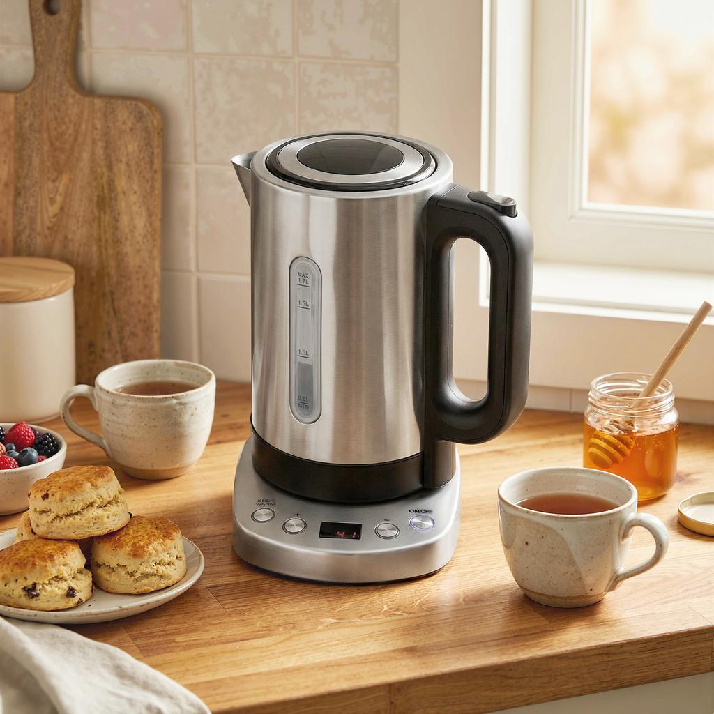 Electric Kettle, 1.7L, Fast Boil, 3kW Water Kettle with UK Strix Thermostat, Keep Warm Function, LCD Base, Silver Tone