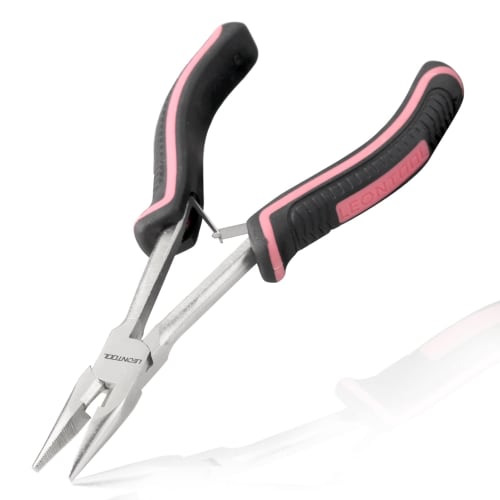 LEONTOOL Mini Long Nose Pliers, Long Reach, Slim, Pink, Women's Size, Miniature, Lightweight, Non-Slip, Serrated, Grooved, Cutting Blade, Effortless F