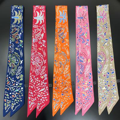 New Hand Drawn Women Scarf Luxury Brand Silk Scarf Fashion Headband Foulard Skinny Hair Bag Scarves Design Neckerchief