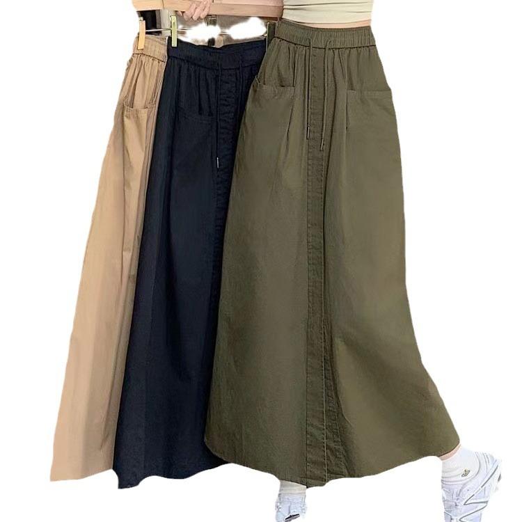 2024 Women's Summer Top Double Pocket Design Half Length Skirt Loose Large Split A-line Skirt