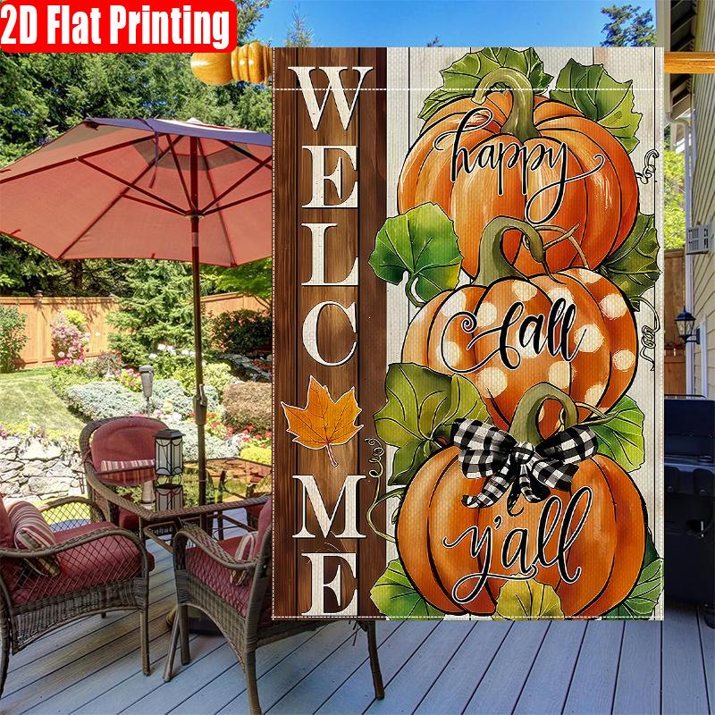 2D Flat, 1pc Cozy Fall Happy Fall Y'all with Stacked Pumpkins Graphic Art Courtyard Flag-double Sided Garden Flag, Yard Decoration, Outdoor Decoration