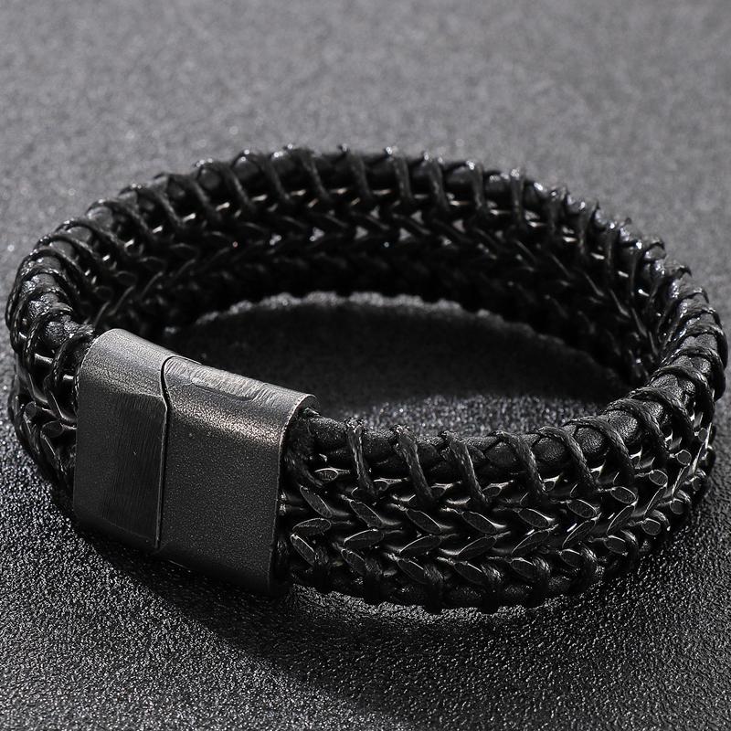 12 мм черный браслет из натуральной кожи для мужчин плетеные мужские браслеты из воловьей кожи и нержавеющей стали с магнитной застежкой с гравировкой