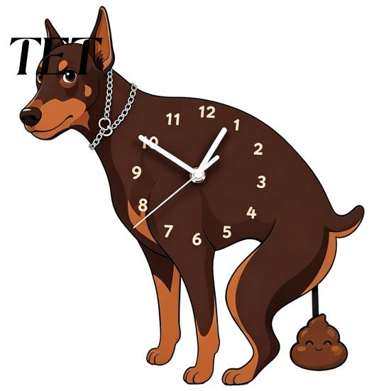 Non Ticking Wall Clock Pooping Dog Clock, Wooden with Swinging Pendulum, Silent Easy Setup for Living Room Home Office, Gift Lover Movement