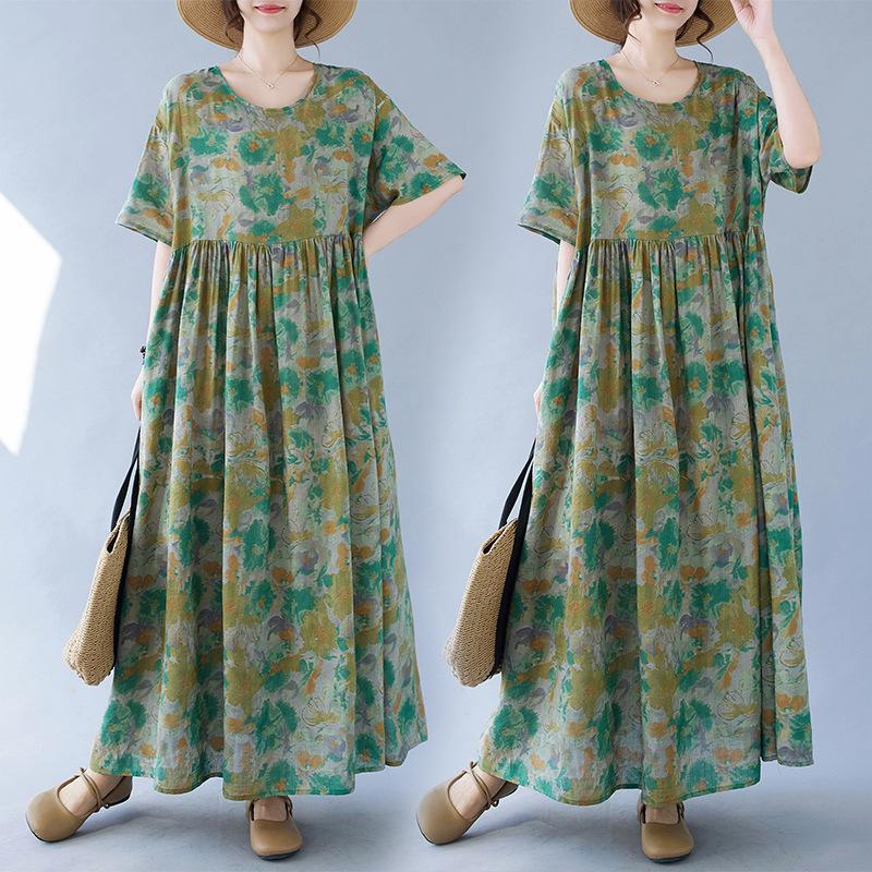 Новое женское длинное платье с круглым вырезом и принтом, свободное мягкое платье больших размеров, повседневное дышащее летнее пляжное платье для женщин