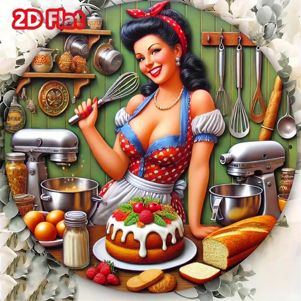 Vintage Baker Girl Iron Wall Art Round Decorative Flat Print Festive Thanksgiving Gift Perfect for Home Decor Enthusiasts