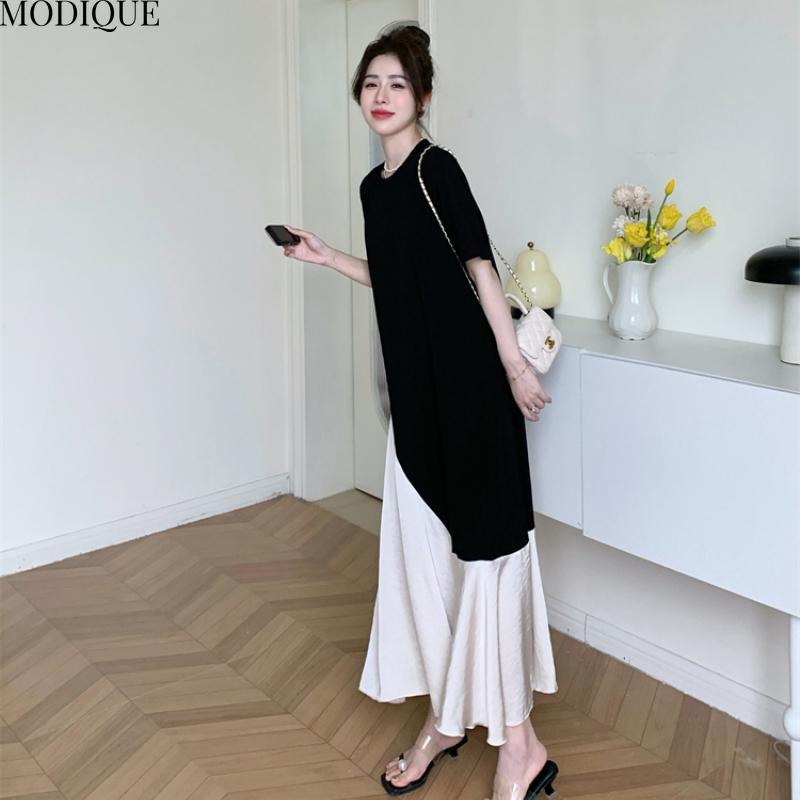 MODIQUE Летние платья больших размеров для женщин, свободные, элегантные, в тон, шелковые, пэчворк, длинные платья, женские, повседневные, с коротким рукавом и круглым вырезом