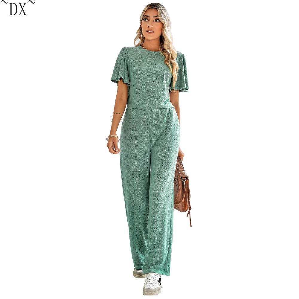 DX - весеннее и летнее новое желание, женский однотонный повседневный вязаный ажурный комплект с круглым вырезом для внешней торговли в Европе и Америке