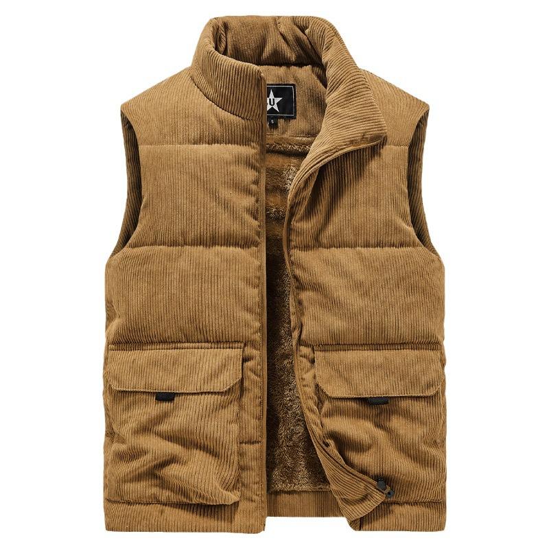 Men's Thickened Corduroy Vest - Fleece Lined, Stand Collar, Sleeveless, Plus Size, Warm Workwear Coat for Autumn/Winter