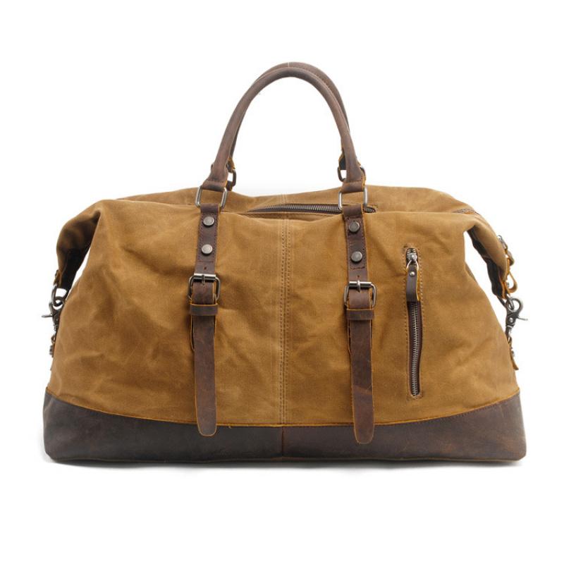 Large-capacity Men's Travel Handbag, European and American Waterproof Waxed Canvas Crossbody Luggage Bag with Crazy Horse Leathe