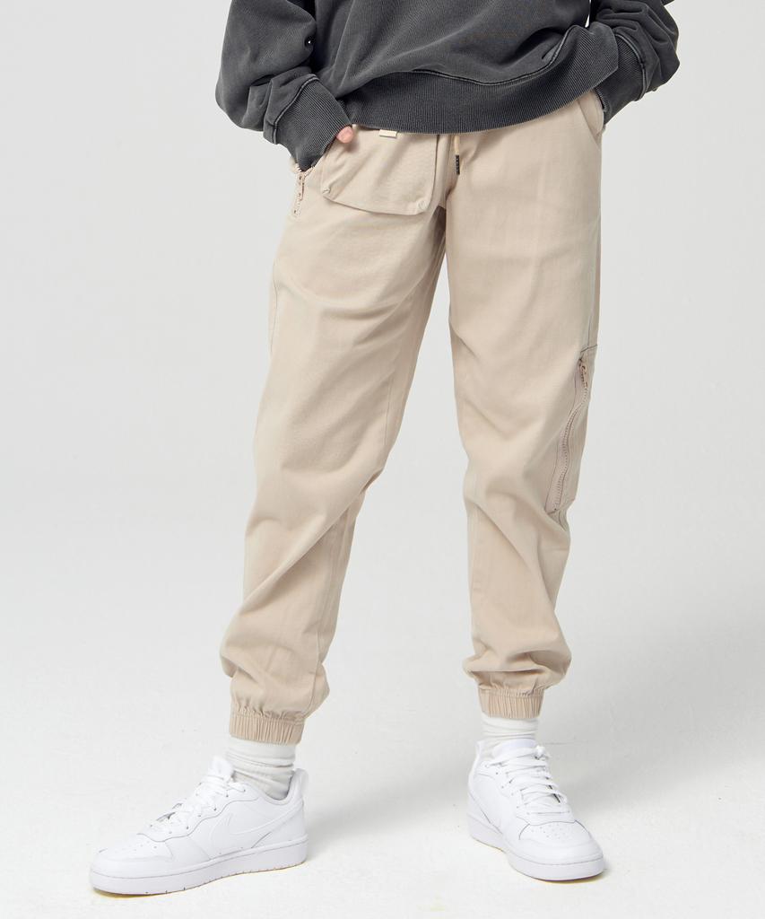 MOZMOZ Front Pocket Zipper Cotton Elastic Waist Big Size Jogger Pants Light Beige