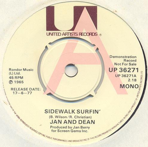 7inch Record JAN & DEAN - Sidewalk Surfin' UP36271 United Artists  1977 UK Rock Used