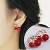 Women Double Cherries Red Clear Ear Studs Beads Alloy Leaves Earrings Gifts