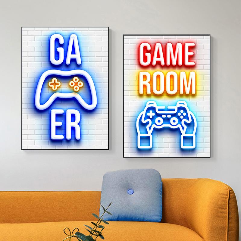 Игровые неоновые белые постеры, холст, картина, видеоигра, настенная художественная картина для игровой комнаты, геймера, мальчика, спальни, домашний декор, без светодиода