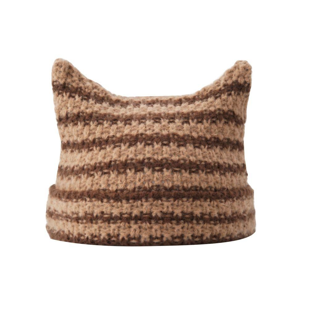 Winter Women's Hats Cute Cat Ears Knitted Wool Cap Japanese Beanie Hat Ins Little Devil Striped