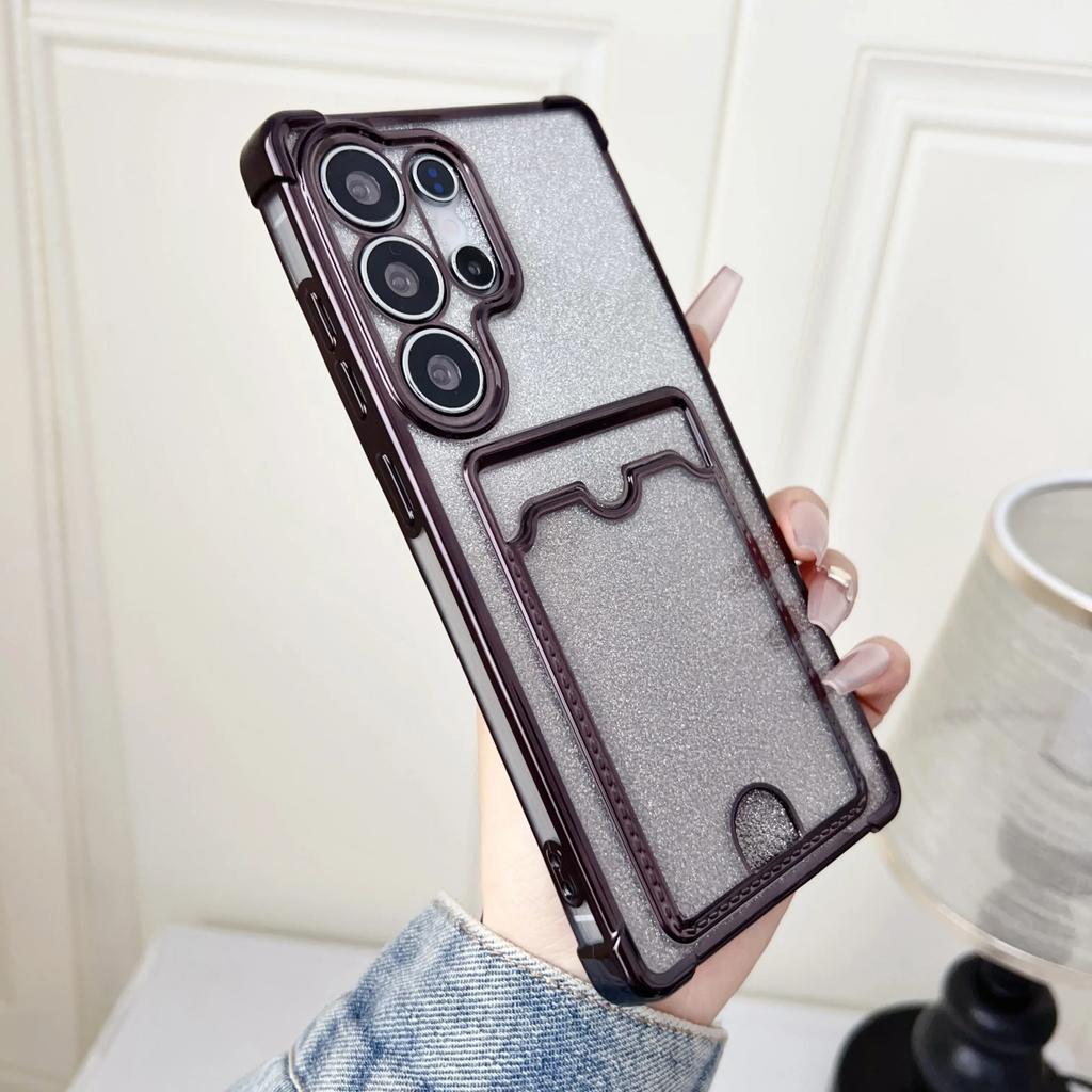 Gradient Glitter Card Bag Clear Plating Case For Samsung S25 S24 S23 S22 Ultra Plus A55 A35 A25 A54 A15 A14 A24 Shockproof Cover
