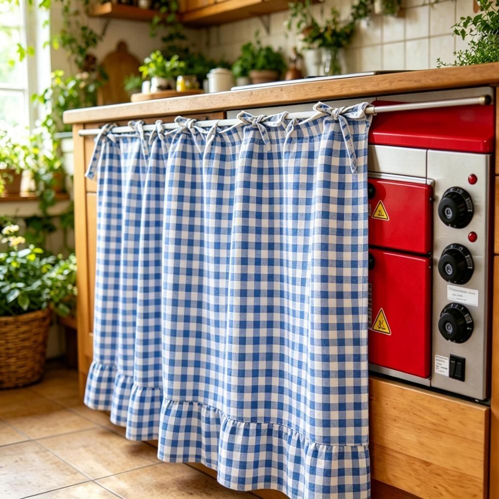 Ruffled Edge Farmhouse Plaid Kitchen Oven Skirt No Drilling Privacy Partition Curtain Porch