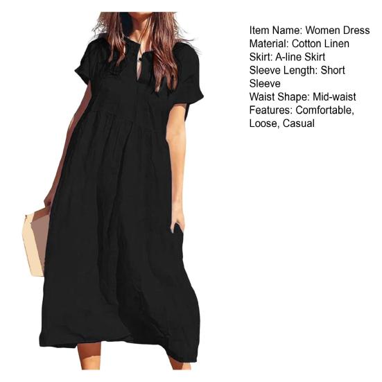 Women's Cotton Linen Maxi Dress Casual Short Sleeve V-Neck Sundress Loose Beach