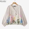 Women Casual V-Neck 3/4 Sleeve Loose Floral Blouse