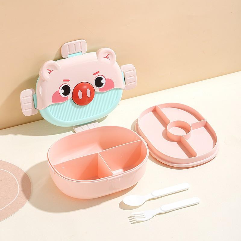 Kids Microwave-Safe Cartoon Lunch Box With Fork Spoon Sauce Compartment 4-Section Bento School