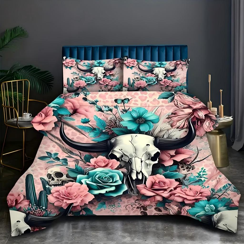 Bull Head Skull Flower 3D Printed Quilt Cover Set Vintage Style Soft Bedding Cover Home Polyester Textile Duvet Cover Pillowcase