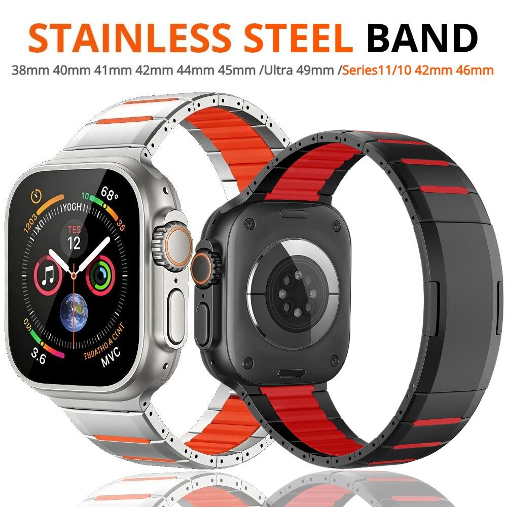 Stainless Steel Rubber Strap For Apple Watch Series11 10 42mm 46mm Titanium Color Band for iWatch Ultra 49mm 9 8 7 6 5 Se3 45mm 44mm 40mm 41mm Correa