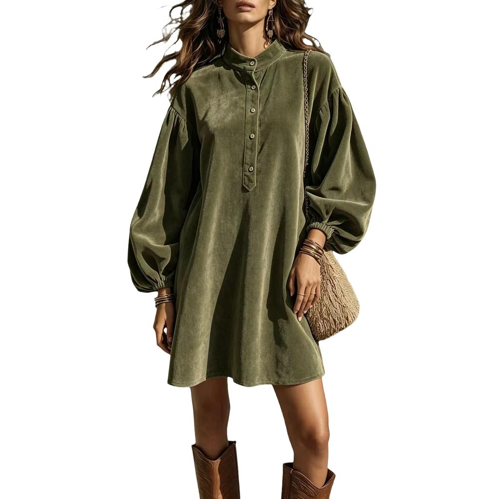 Женское платье с цветными пуговицами, рукавами и воротником-стойкой для повседневной носки