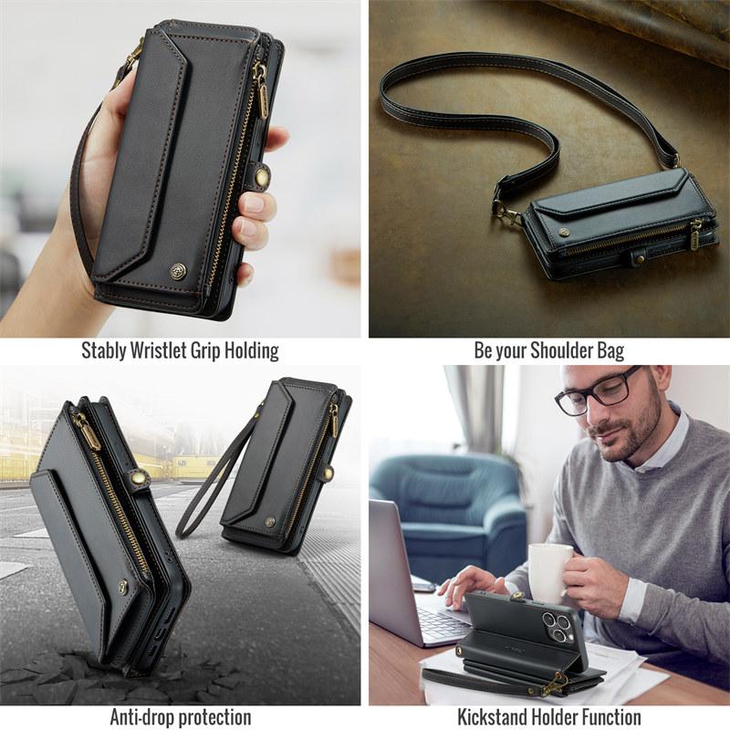 Long Lanyard Flip Leather Phone Case for iPhone 17 Pro Max Air 16E 16 Plus 15 14 13 12 11 X XS XR SE 2022 8 Zipper Wallet Multi Card Slot Holder Cover