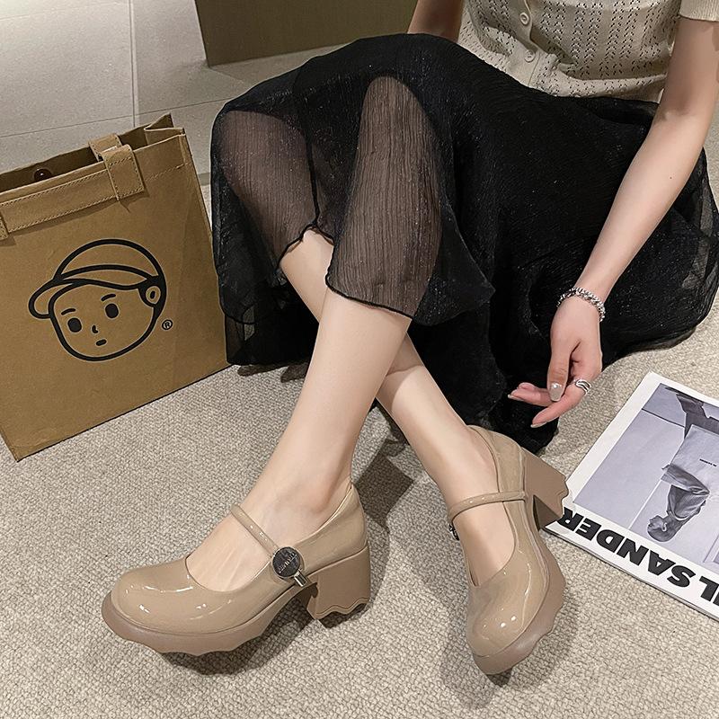Лакированные туфли Мэри Джейн с круглым носком, женские, весенне-летние, удобные, на толстом каблуке, с открытым верхом, одинарные туфли, на высоком каблуке, с ремешком через подъем.