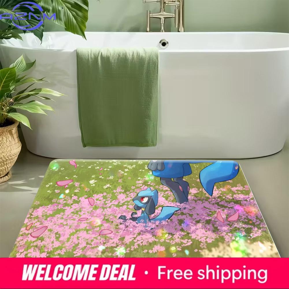Pokemon Riolu & Lucario Flower Field Print Non-Slip Doormat Floor Mat