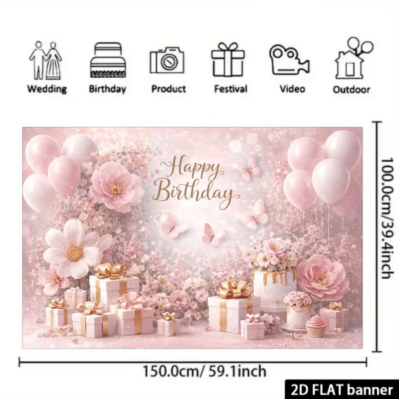 2D Spring Floral Butterfly Happy Birthday Backdrop Banner Party Decoration