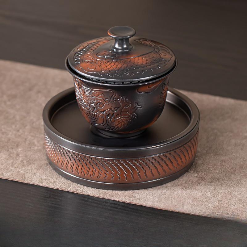 Jianshui Purple Pottery Gaiwan Dragon Handmade Household Kung Fu Tea Set Tea Bowl Tea Cup Tea Maker Tea Ceremony Tea Tureen