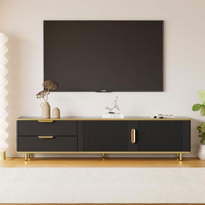 Armoire TV Noir Moderne, Meuble TV Elégant avec 2 Portes et 2 Tiroirs, Texture Sculptée, Poignées Dorés, 175x40x45cm