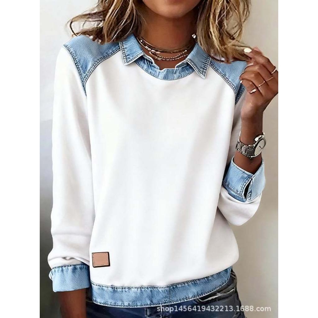 Women's Clothing, Denim Collar Long Sleeved Pullover Spliced Knit Sweater Top