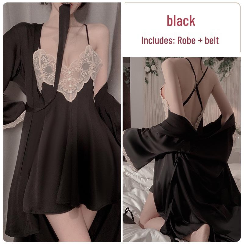 Элегантный кружевной пижамный комплект для весны/лета: Ночная сорочка-майка с открытой спиной и кардиган