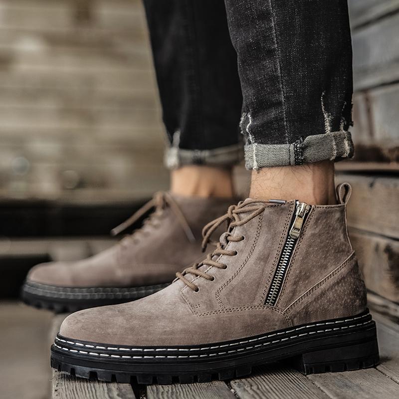 Fashion Cow Leather Suede Men Shoes Autumn Winter Casual Ankle Boots Outdoor Warm Snow Boots Lace -Up Zip Shoes Motorcycle Boots