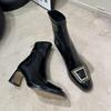 Large Size Women'S Shoes Rhinestone Square Buckle Square Head Thick Heel Boots Women'S Autumn And Winter Thin Short Boots Elastic Medium Boots