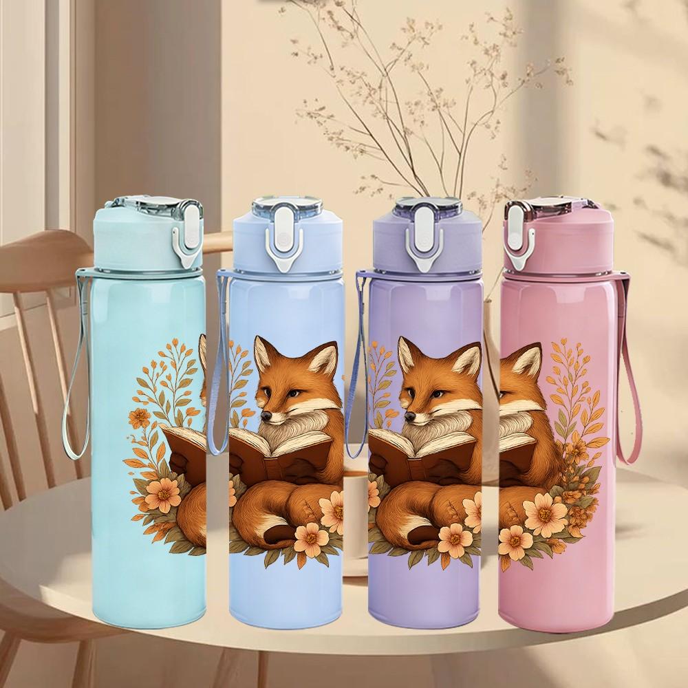 1PC Autumn Floral Fox Portrait 750ml Color Plastic Sports Water Bottle Leakproof Flip Straw Lid Suitable for Sports Office Home Use
