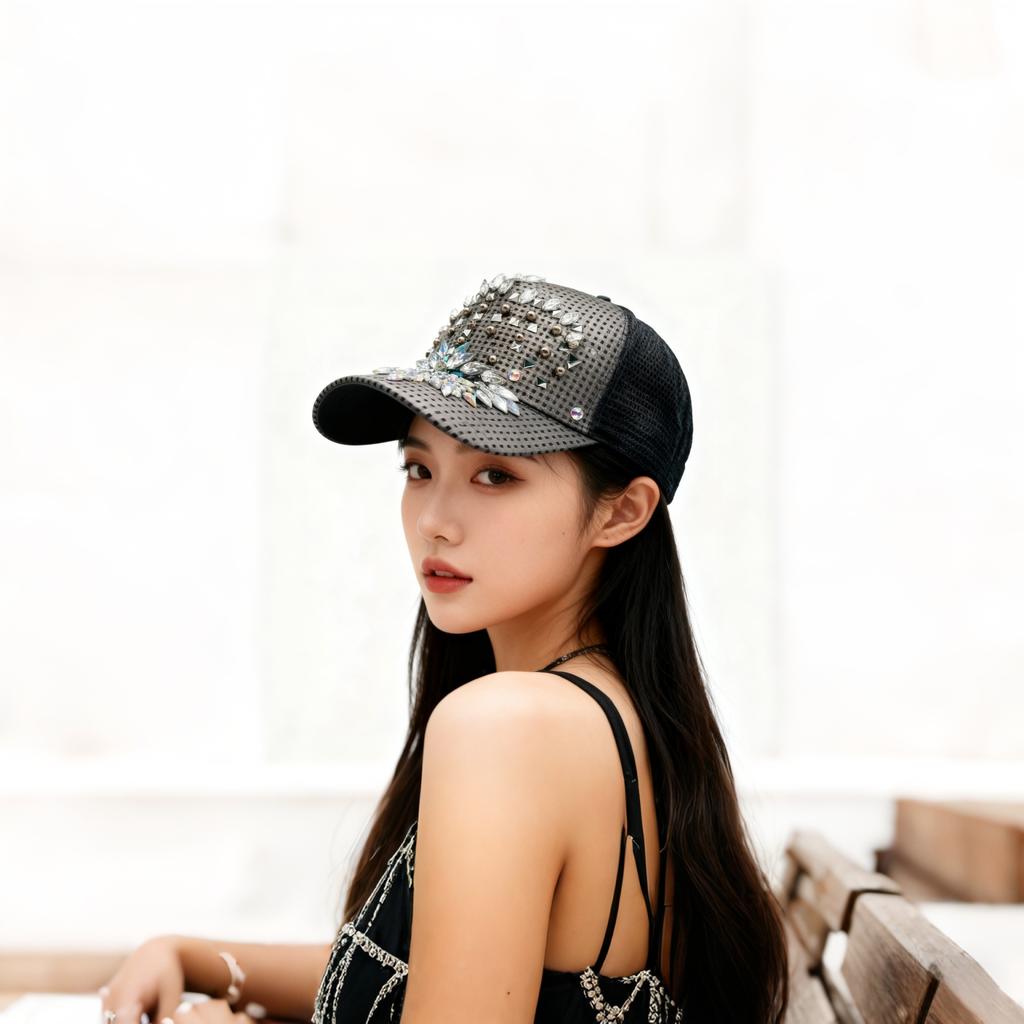 New fashion diamond-encrusted baseball cap personalized trend hat autumn and winter women's party performance beret big head circumference