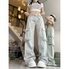 American Retro Light Color Cargo Jeans Fall New High Street Wash Design Pocket Long Straight Leg Loose Pants