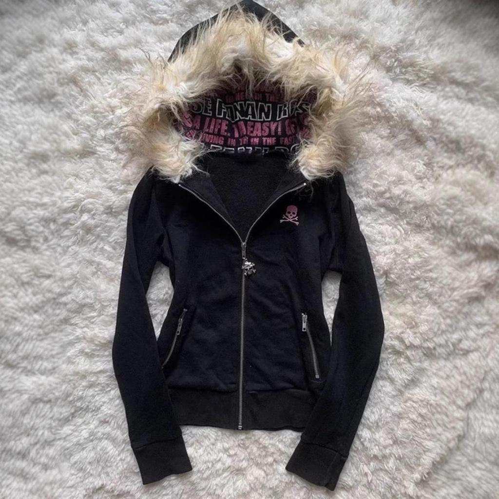 Кардиган в японском стиле Y2K с капюшоном, принтом букв и меховым воротником