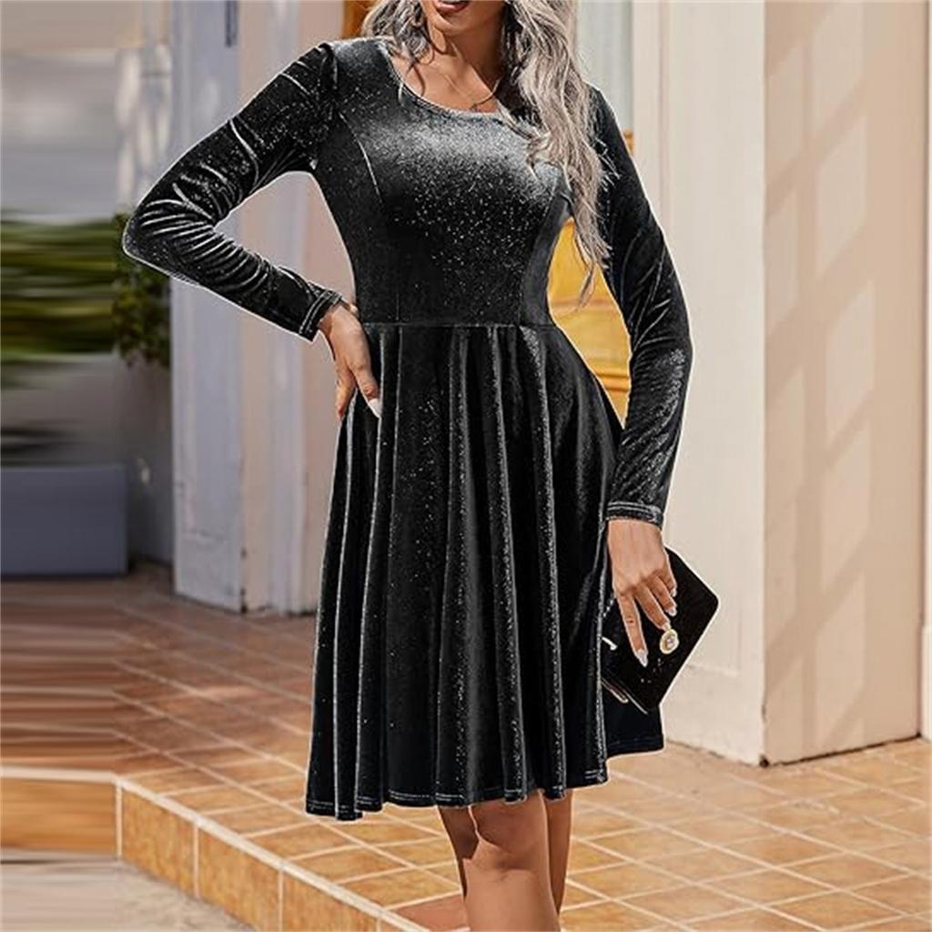 Женское модное бархатное платье с длинным рукавом и круглым вырезом