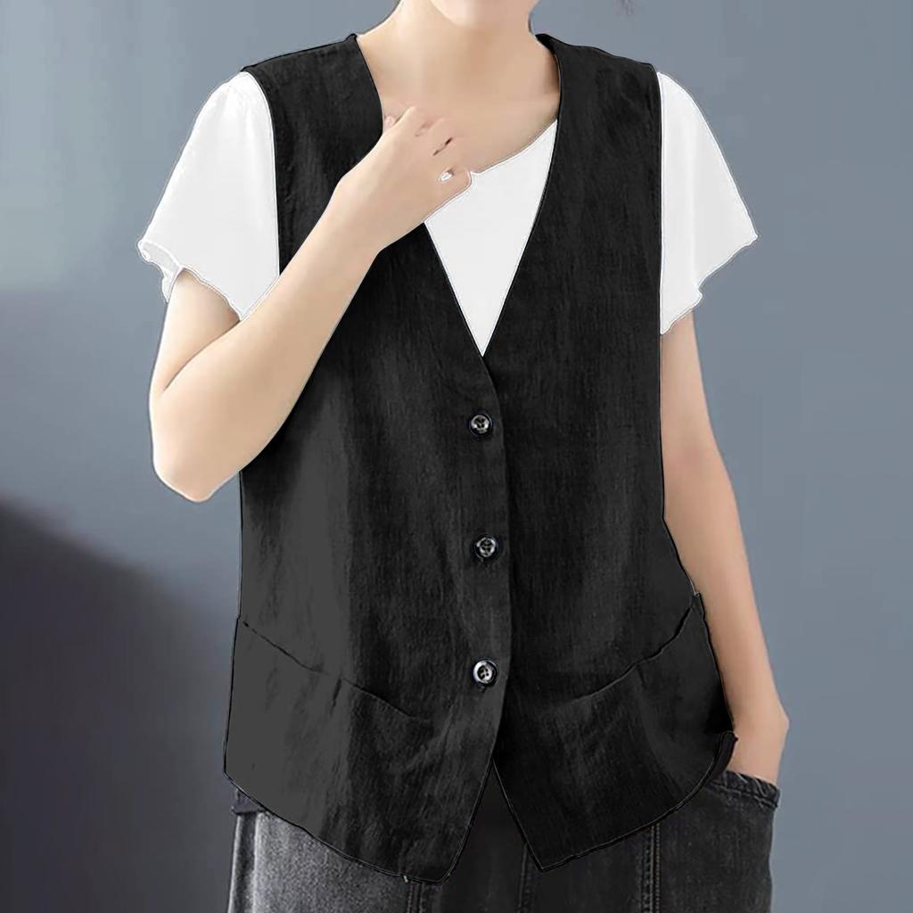 Women's Sleeveless Cotton Linen Vest Button Down V Neck Waistcoat Jacket